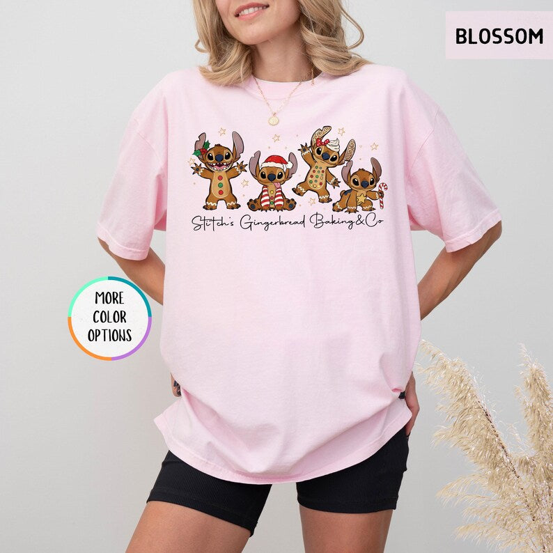 Comfort Colors® Stitch Gingerbread Christmas Shirt, Disney Holiday Baking T-Shirt, Angel and Stitch Baking Co Tee, Gingerbread Cookies Shirt