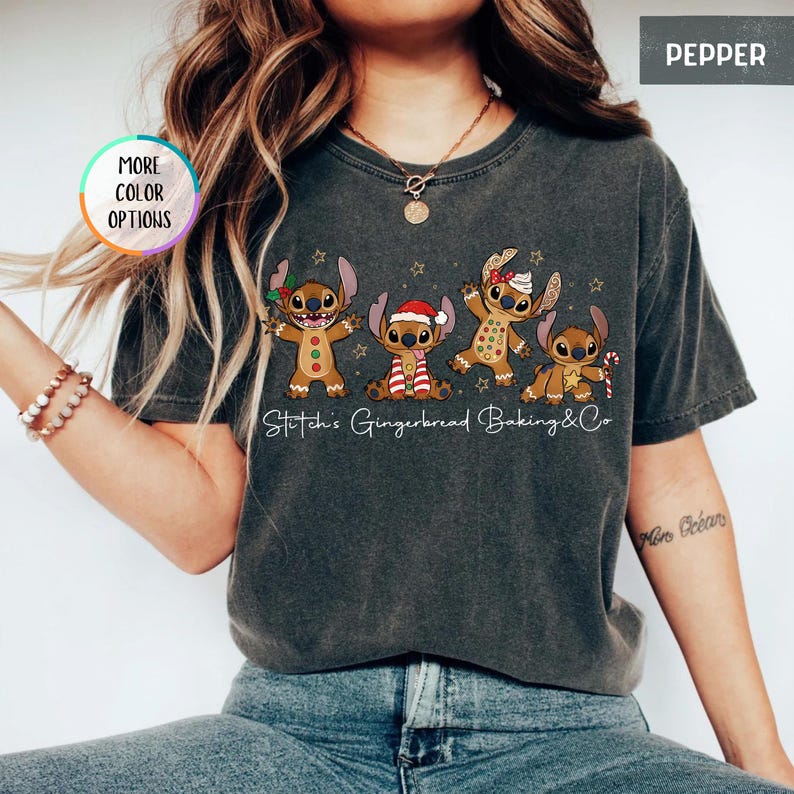Comfort Colors® Stitch Gingerbread Christmas Shirt, Disney Holiday Baking T-Shirt, Angel and Stitch Baking Co Tee, Gingerbread Cookies Shirt