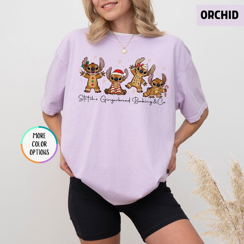Comfort Colors® Stitch Gingerbread Christmas Shirt, Disney Holiday Baking T-Shirt, Angel and Stitch Baking Co Tee, Gingerbread Cookies Shirt