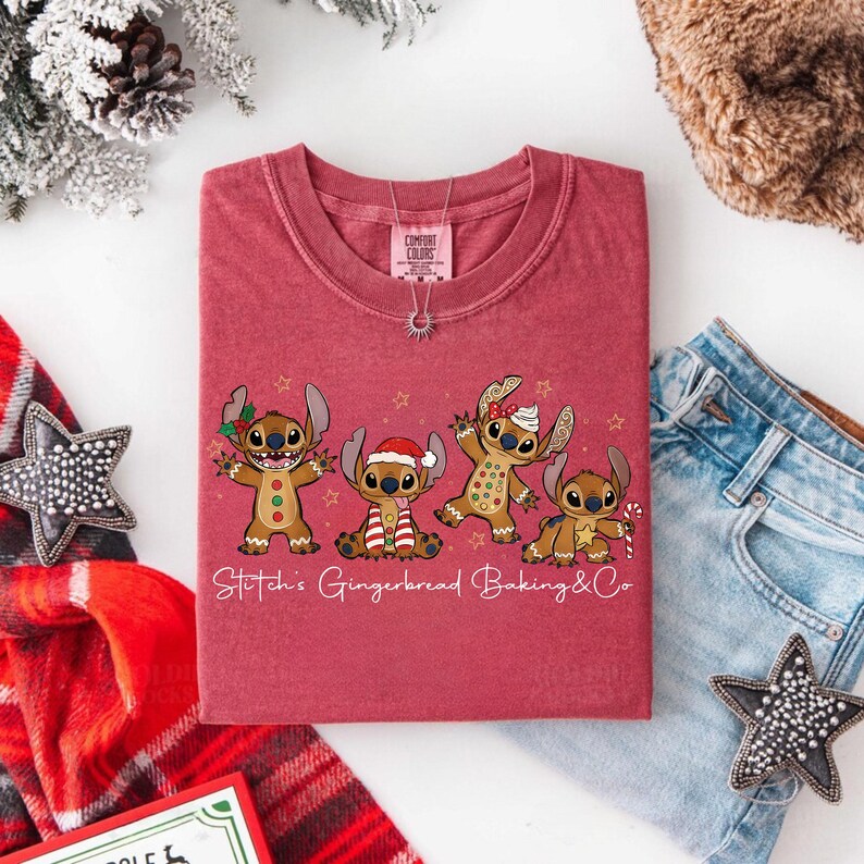 Comfort Colors® Stitch Gingerbread Christmas Shirt, Disney Holiday Baking T-Shirt, Angel and Stitch Baking Co Tee, Gingerbread Cookies Shirt