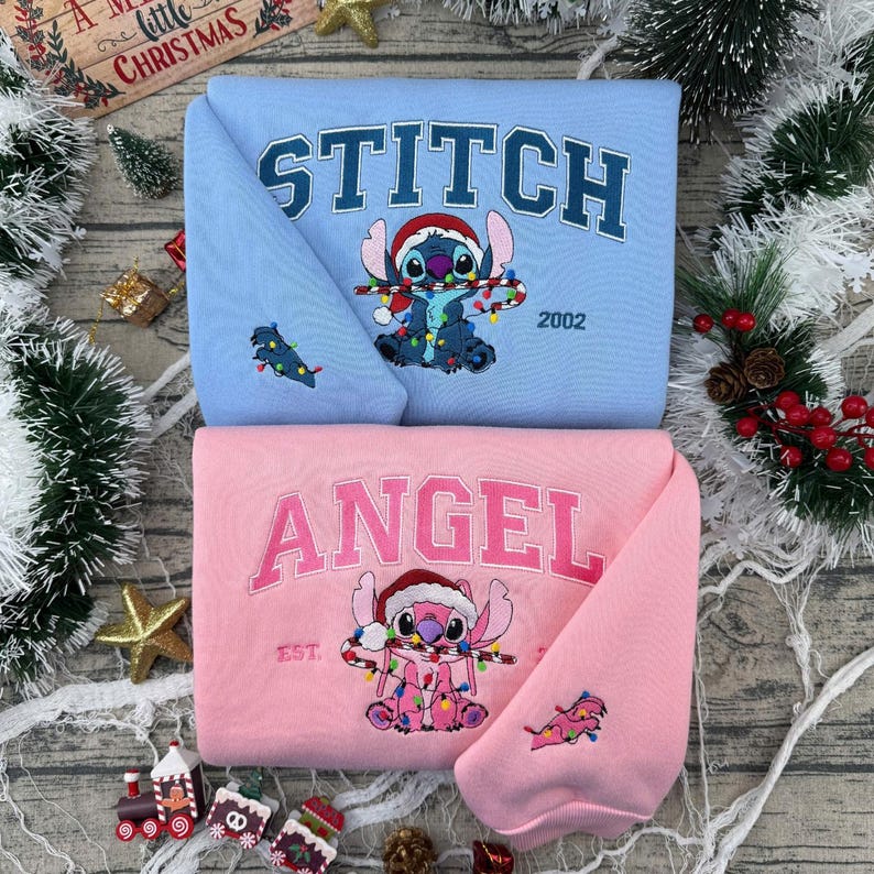 Disneyland Stitch and Angel Christmas Embroidered T-Shirt, Stitch and Angel Matching Sweatshirt, Disney Holiday Embroidery Hoodie, Xmas Gift