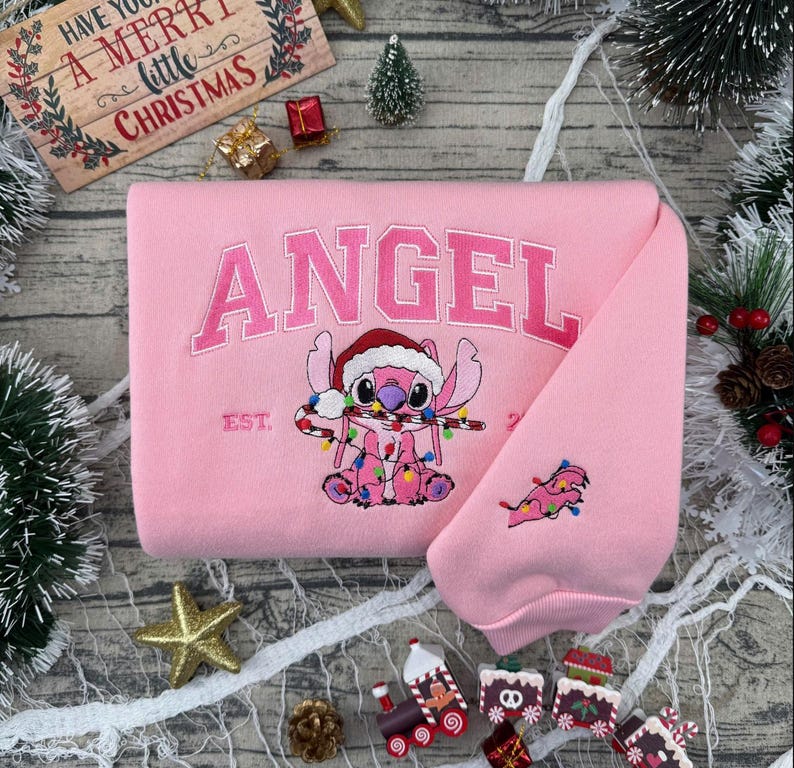 Disneyland Stitch and Angel Christmas Embroidered T-Shirt, Stitch and Angel Matching Sweatshirt, Disney Holiday Embroidery Hoodie, Xmas Gift
