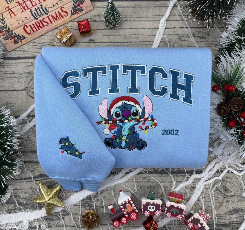 Disneyland Stitch and Angel Christmas Embroidered T-Shirt, Stitch and Angel Matching Sweatshirt, Disney Holiday Embroidery Hoodie, Xmas Gift