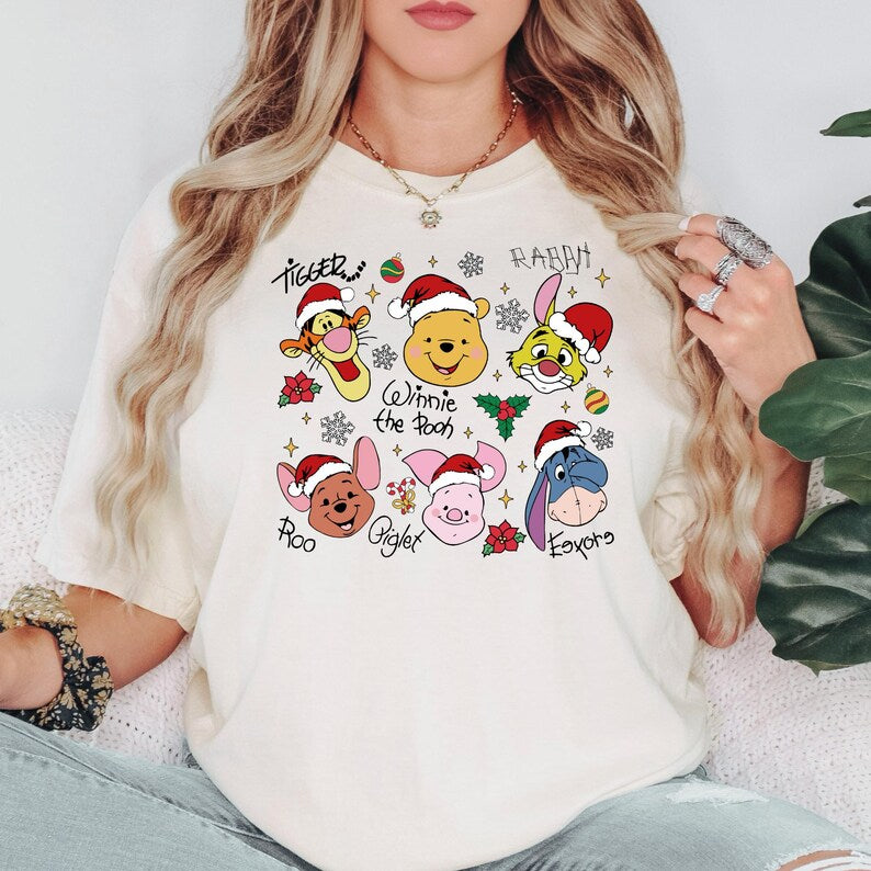 Winnie The Pooh Christmas Signature Shirt, Tigger Piglet Eeyore Holiday Shirt, Cute Pooh Bear Santa Hat Shirt, Disney Xmas Character Shirt
