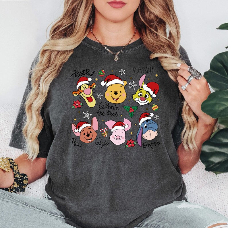 Winnie The Pooh Christmas Signature Shirt, Tigger Piglet Eeyore Holiday Shirt, Cute Pooh Bear Santa Hat Shirt, Disney Xmas Character Shirt