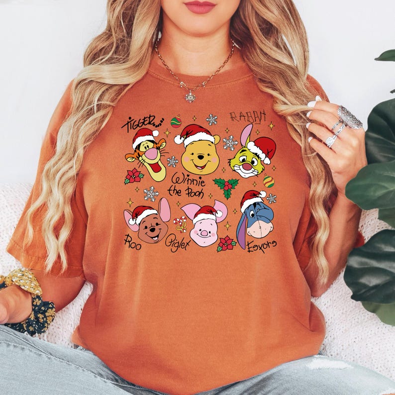 Winnie The Pooh Christmas Signature Shirt, Tigger Piglet Eeyore Holiday Shirt, Cute Pooh Bear Santa Hat Shirt, Disney Xmas Character Shirt