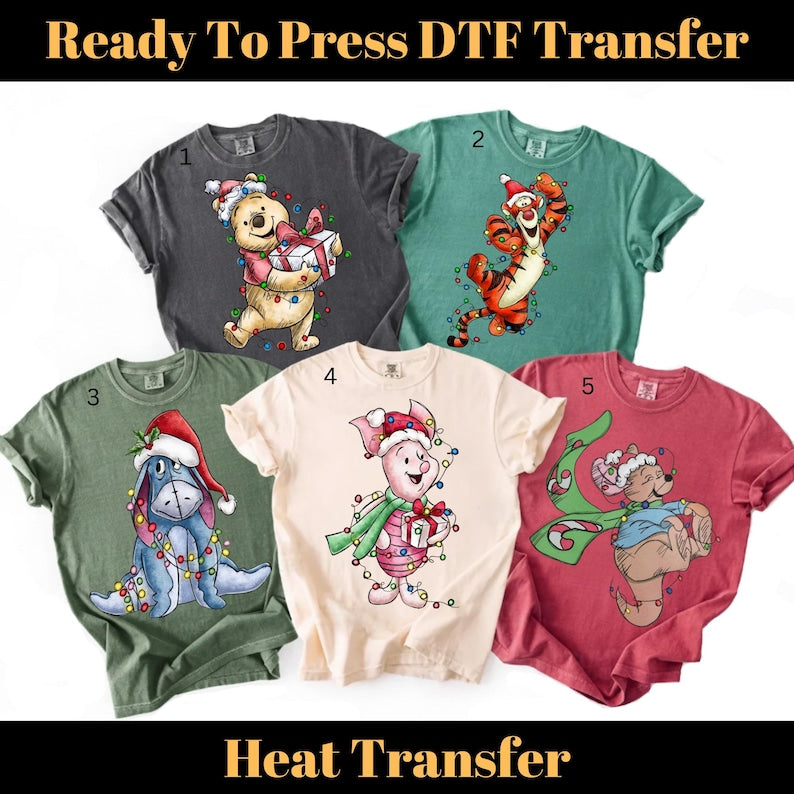 Winnie The Pooh Characters Christmas DTF Transfer, Disney Christmas Ready To Press, The Pooh Eeyore Tigger Piglet Christmas DTF, Xmas DTF