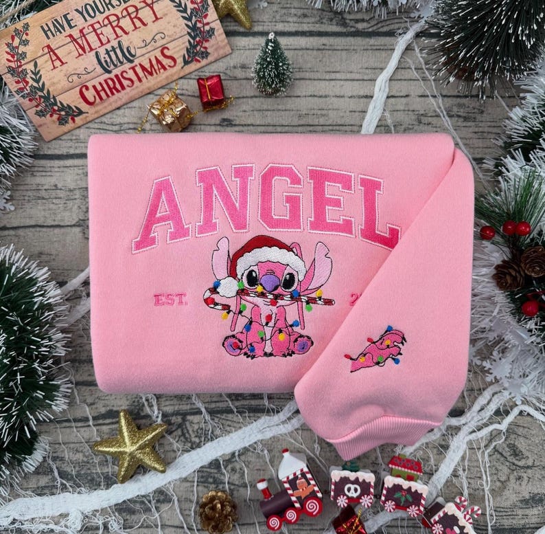 Disneyland Stitch and Angel Christmas Embroidered T-Shirt, Stitch and Angel Matching Sweatshirt, Cartoon Disney Christmas Embroidery Hoodie