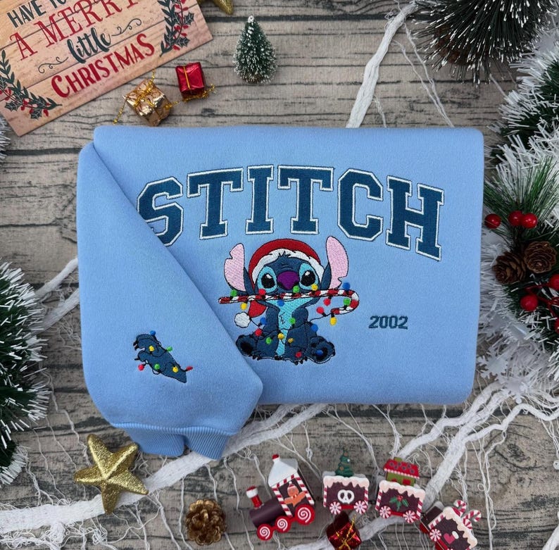 Disneyland Stitch and Angel Christmas Embroidered T-Shirt, Stitch and Angel Matching Sweatshirt, Cartoon Disney Christmas Embroidery Hoodie