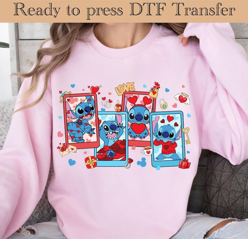 Stitch And Angel Valentine Ready To Press, Pink Valentine Stitch DTF, Happy Valentine Day Shirt, Disney Valentine Couple Shirt