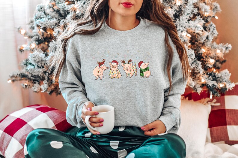 Funny Christmas Pig Sweatshirt, Cute Reindeer Piglet Sweater, Holiday Piggy Lights Shirt, Festive Farm Animal Tee, Xmas Animal Lovers Gift