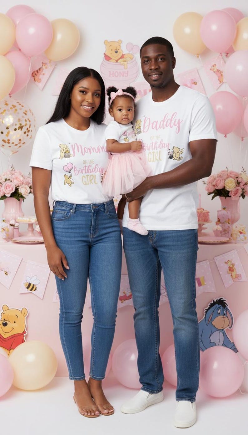 Classic Pooh Birthday Shirts - matching family of the birthday girl, vintage winnie the pooh, mom dad grandma brother, pooh hunny piglet,