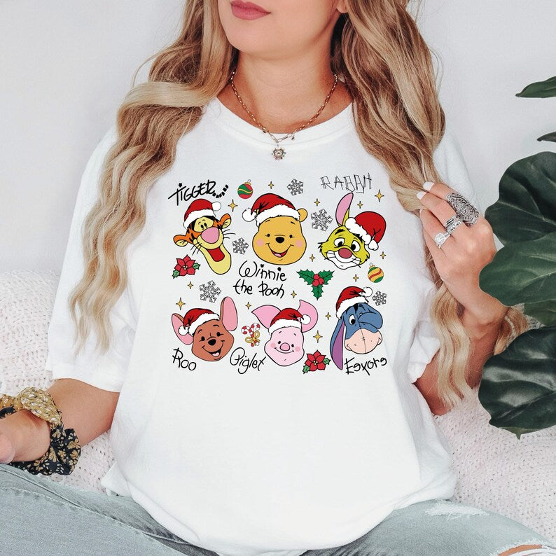 Winnie The Pooh Christmas Signature Shirt, Tigger Piglet Eeyore Holiday Shirt, Cute Pooh Bear Santa Hat Shirt, Disney Xmas Character Shirt