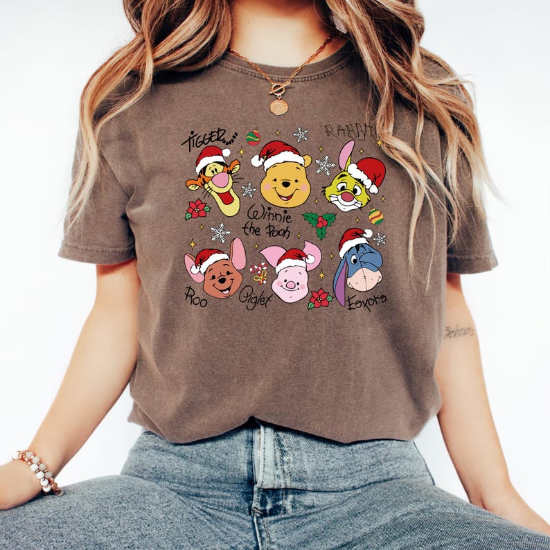 Winnie The Pooh Christmas Signature Shirt, Tigger Piglet Eeyore Holiday Shirt, Cute Pooh Bear Santa Hat Shirt, Disney Xmas Character Shirt