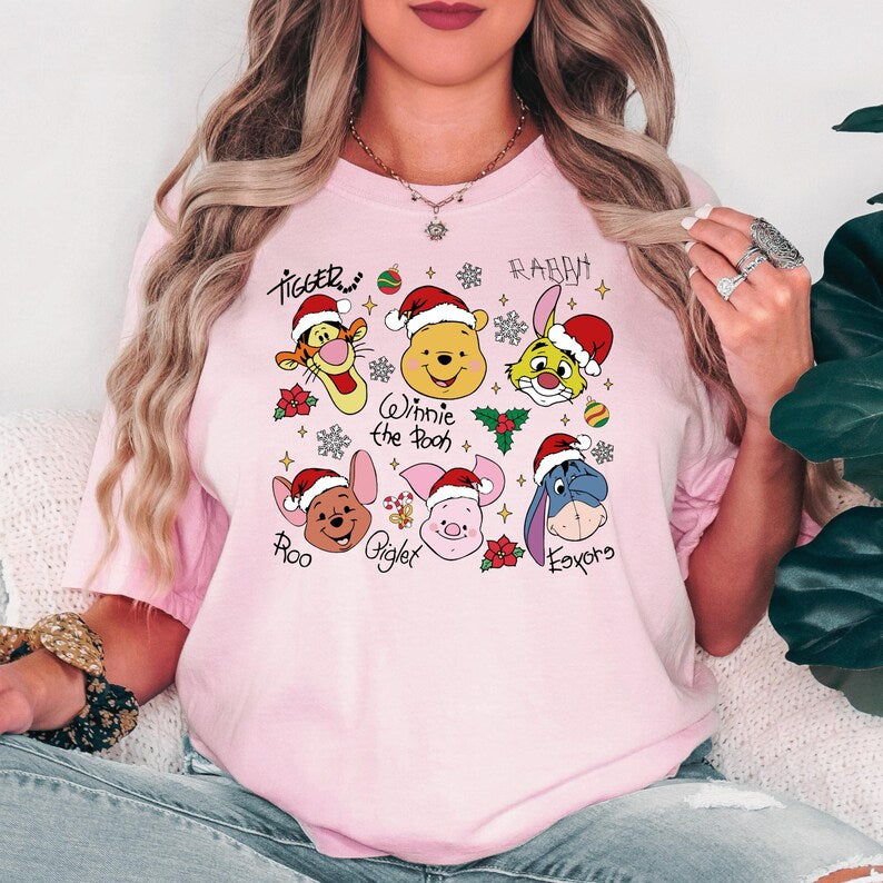 Winnie The Pooh Christmas Signature Shirt, Tigger Piglet Eeyore Holiday Shirt, Cute Pooh Bear Santa Hat Shirt, Disney Xmas Character Shirt