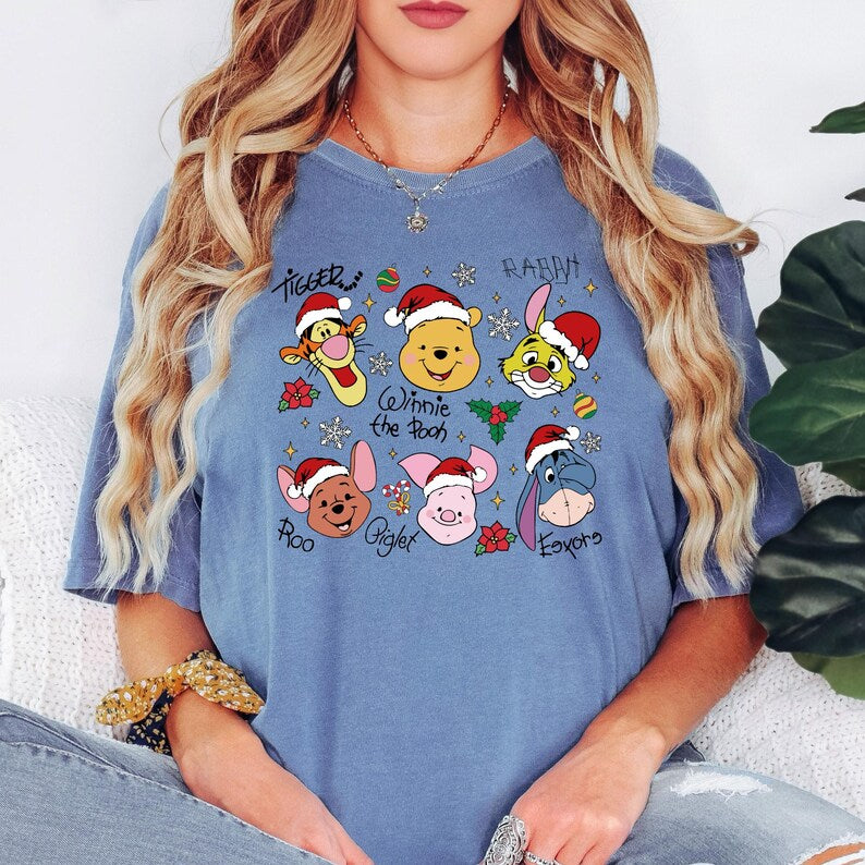 Winnie The Pooh Christmas Signature Shirt, Tigger Piglet Eeyore Holiday Shirt, Cute Pooh Bear Santa Hat Shirt, Disney Xmas Character Shirt