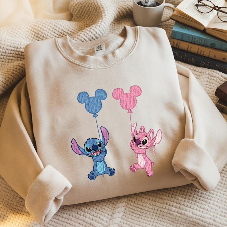 Blue Alien And Pink Holding Balloons Embroidered product image 1