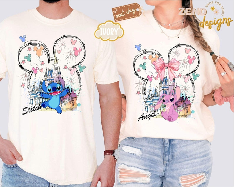 Comfort Colors® Mickey Ear Stitch and Minnie Bow Angel Couple Shirt, Disney Stitch Ear Boy Shirt, Minnie Bow Angel Girl Tee, Disney Trip Tee