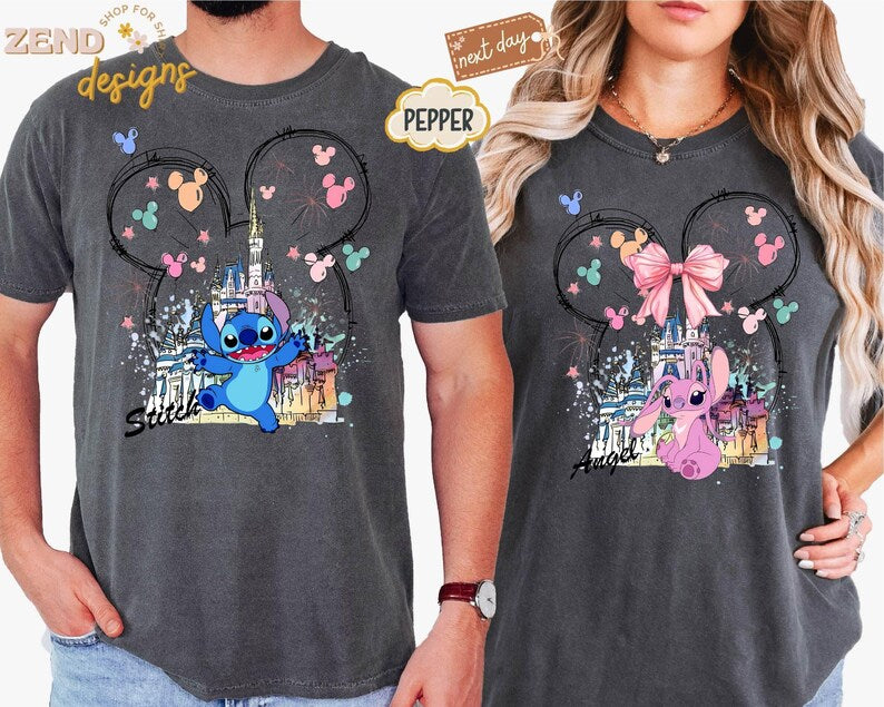 Comfort Colors® Mickey Ear Stitch and Minnie Bow Angel Couple Shirt, Disney Stitch Ear Boy Shirt, Minnie Bow Angel Girl Tee, Disney Trip Tee
