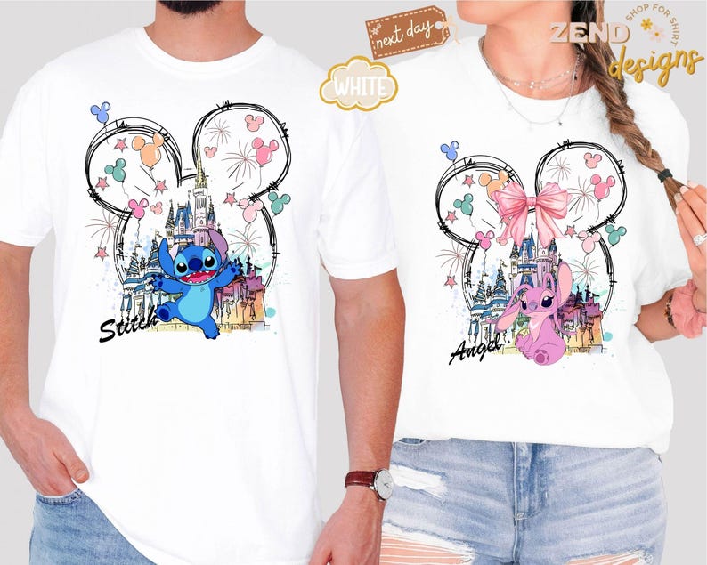 Comfort Colors® Mickey Ear Stitch and Minnie Bow Angel Couple Shirt, Disney Stitch Ear Boy Shirt, Minnie Bow Angel Girl Tee, Disney Trip Tee