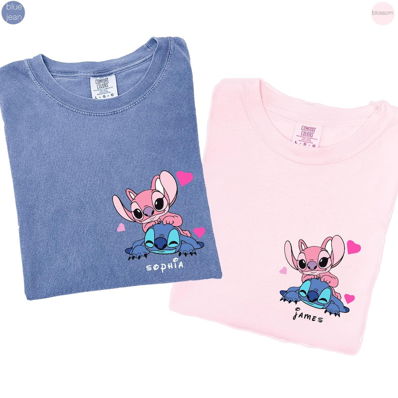 Custom Angel and Stitch Valentine Shirt, Custom Name Lovers Tshirt, Matching Couple Gift, Boyfriend Girlfriend Personalized Shirt