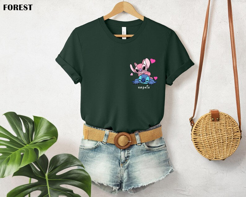 Custom Angel and Stitch Valentine Shirt, Custom Name Lovers Tshirt, Matching Couple Gift, Boyfriend Girlfriend Personalized Shirt
