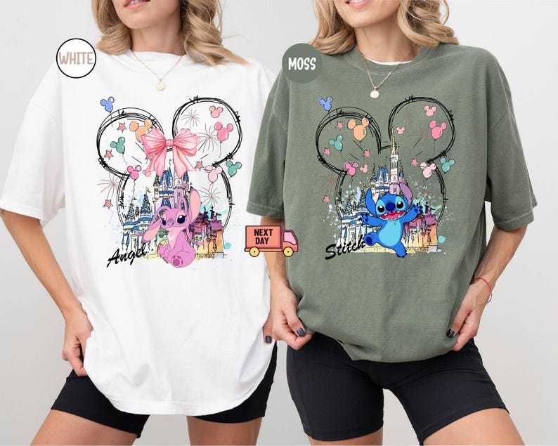 Comfort Colors® Mickey Ear Stitch and Minnie Bow Angel Couple Shirt, Disney Stitch Ear Boy Shirt, Minnie Bow Angel Girl Tee, Disney Trip Tee