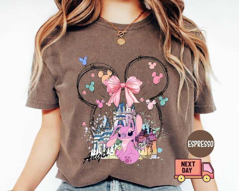 Comfort Colors® Mickey Ear Stitch and Minnie Bow Angel Couple Shirt, Disney Stitch Ear Boy Shirt, Minnie Bow Angel Girl Tee, Disney Trip Tee