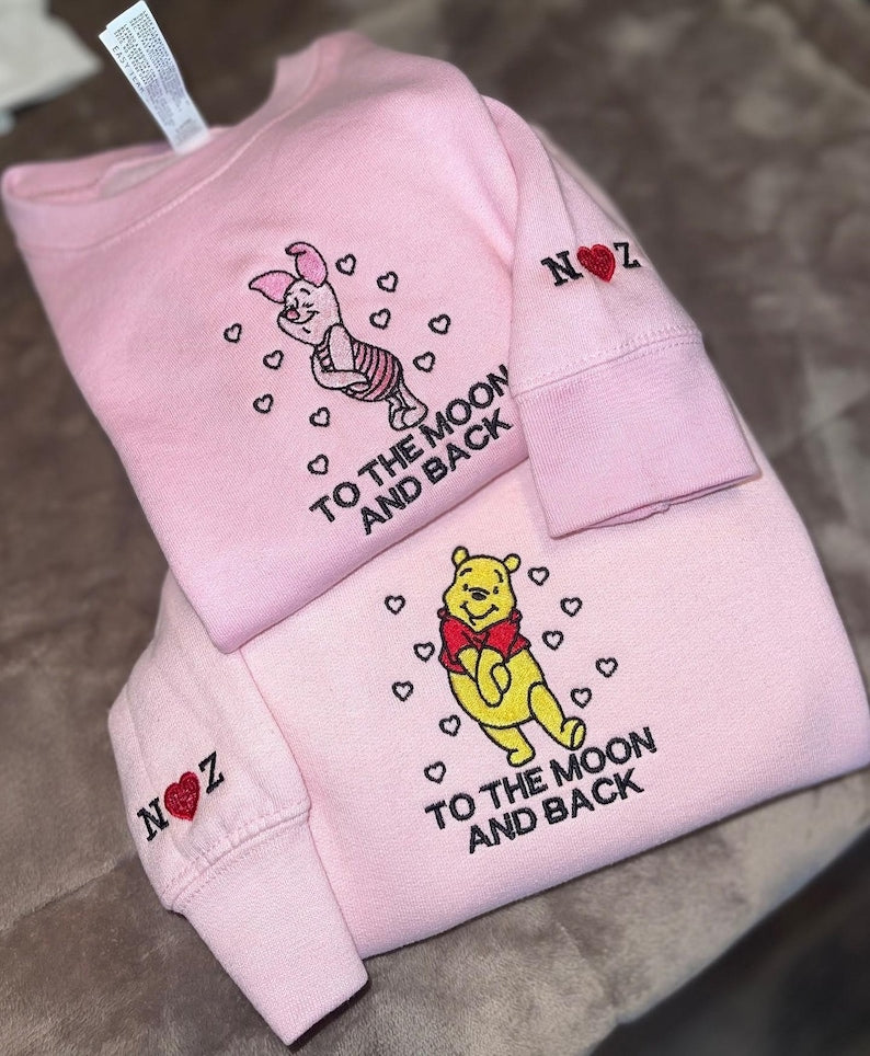 Winnie The Pooh Valentine's Day Embroidered Shirt, Pooh and Piglet To The Moon and Back Sweater, Disney Valentines Tee, Matching Couple Gift