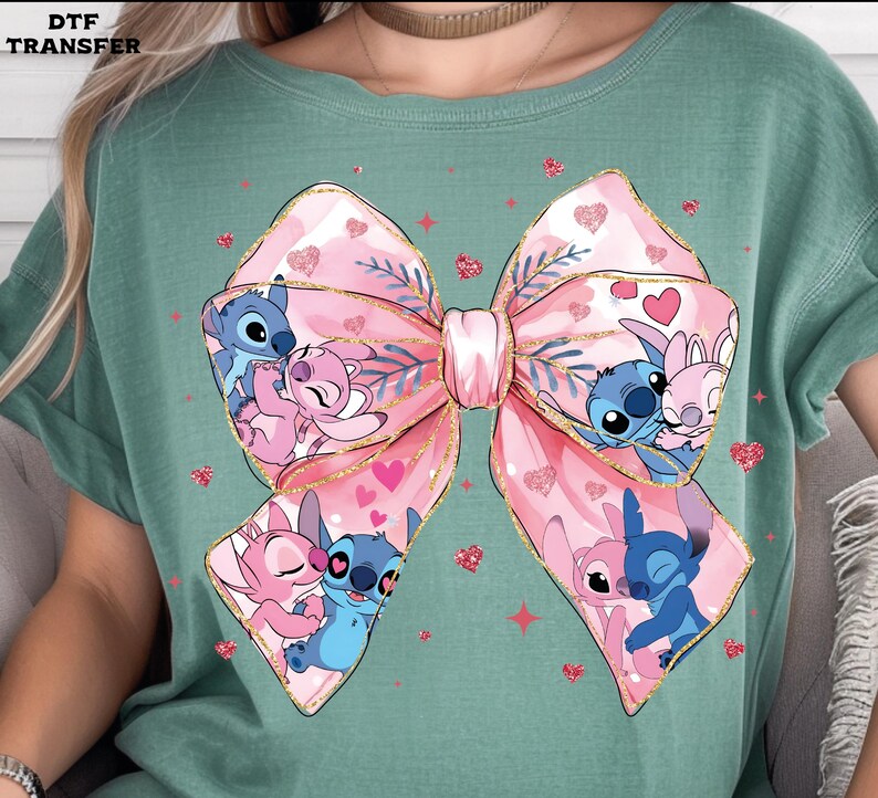 Stitch & Angel Valentine's Bow, Coquette DTF Transfer, Glitter Effect Ready To Press