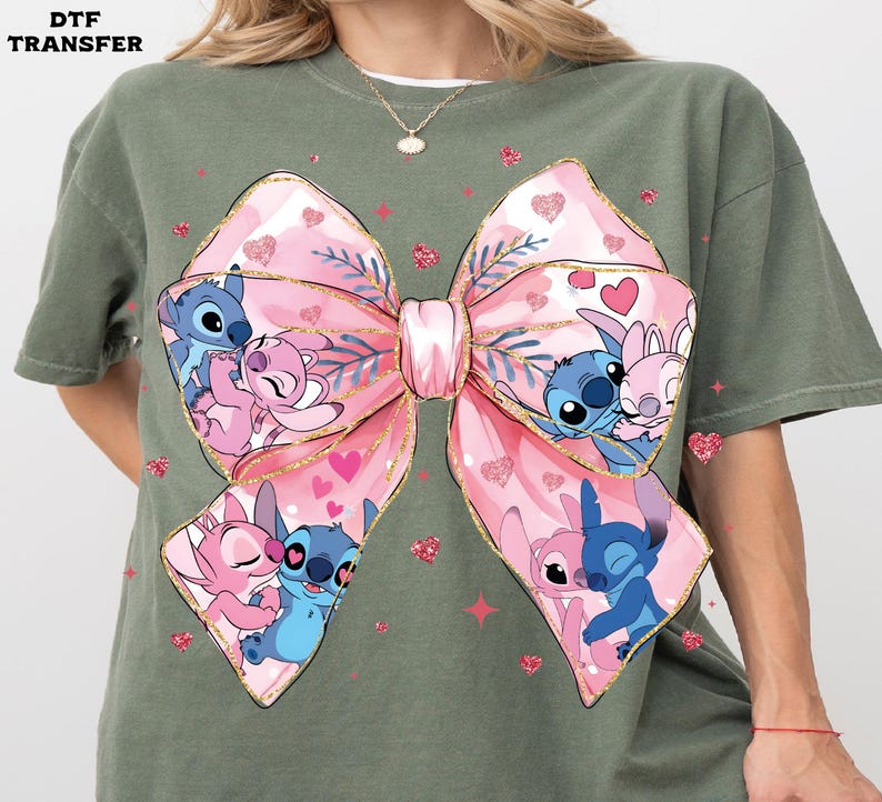 Stitch & Angel Valentine's Bow, Coquette DTF Transfer, Glitter Effect Ready To Press