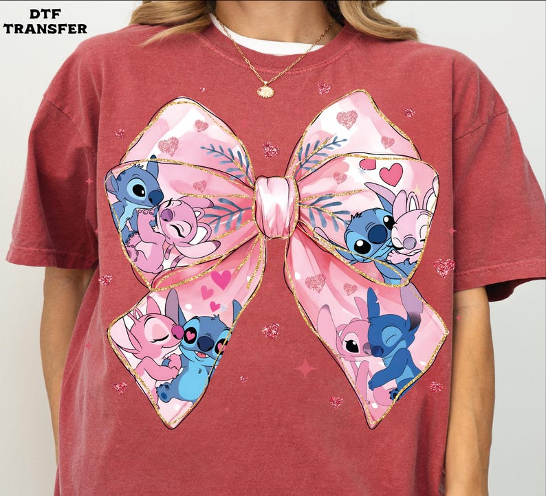 Stitch & Angel Valentine's Bow, Coquette DTF Transfer, Glitter Effect Ready To Press