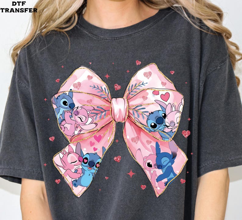 Stitch & Angel Valentine's Bow, Coquette DTF Transfer, Glitter Effect Ready To Press