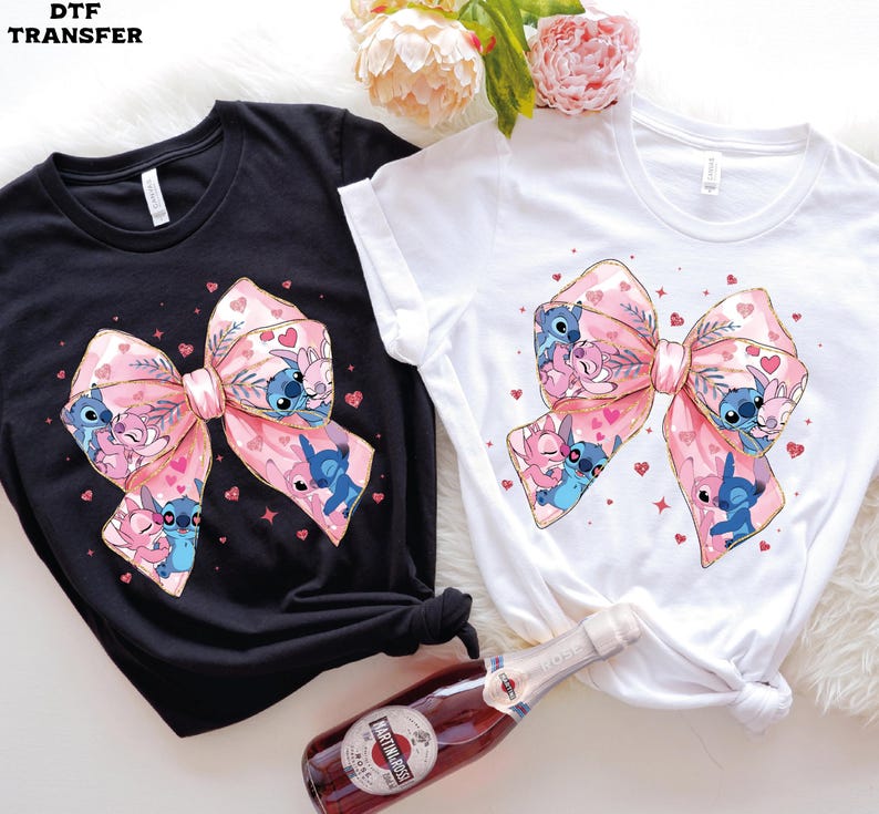 Stitch & Angel Valentine's Bow, Coquette DTF Transfer, Glitter Effect Ready To Press