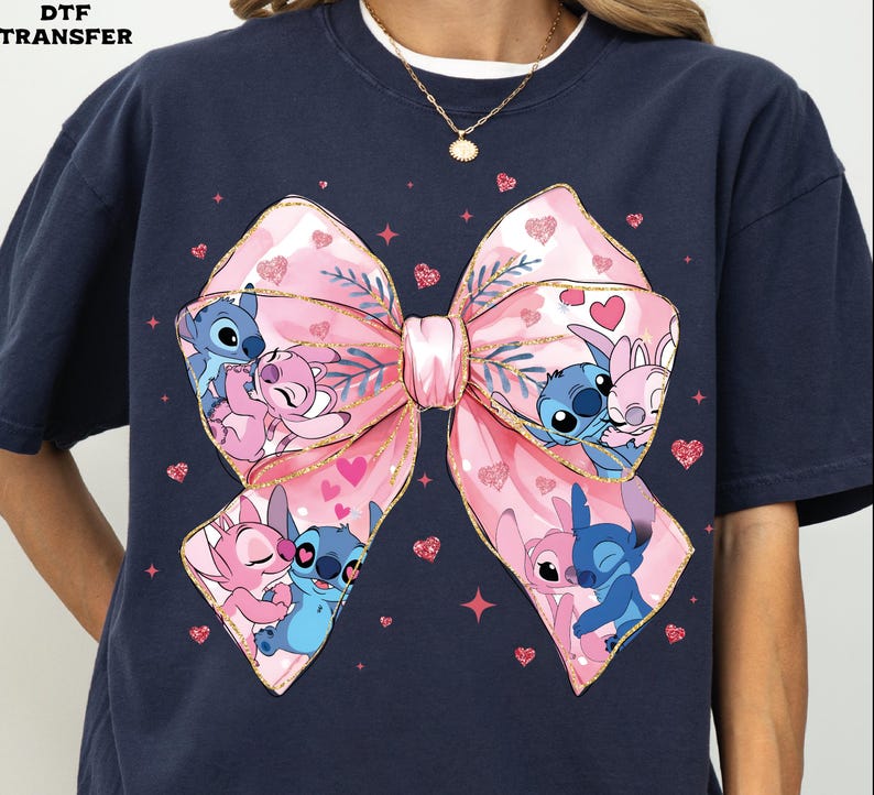 Stitch & Angel Valentine's Bow, Coquette DTF Transfer, Glitter Effect Ready To Press