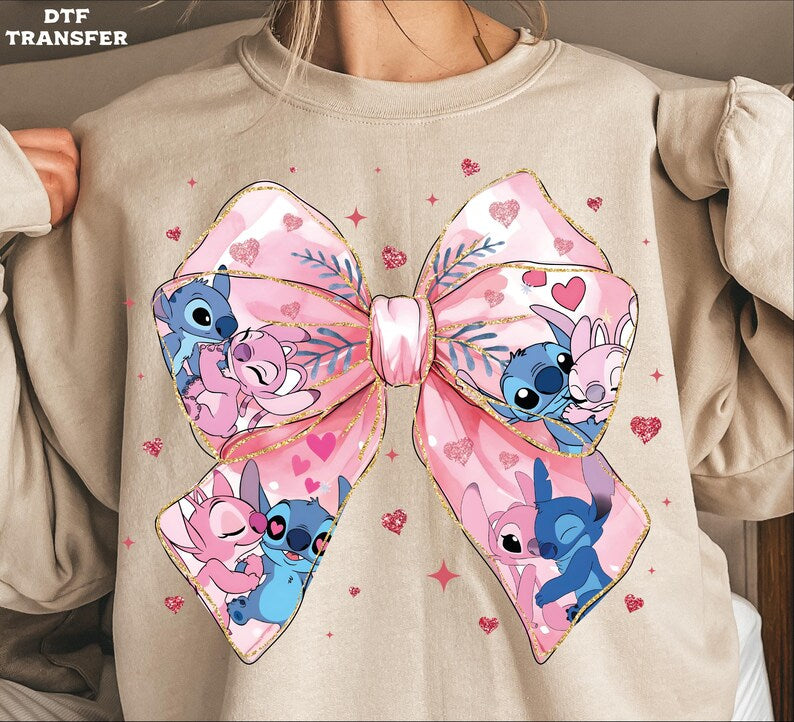 Stitch & Angel Valentine's Bow, Coquette DTF Transfer, Glitter Effect Ready To Press