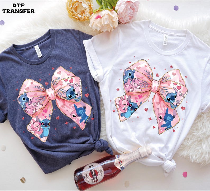 Stitch & Angel Valentine's Bow, Coquette DTF Transfer, Glitter Effect Ready To Press