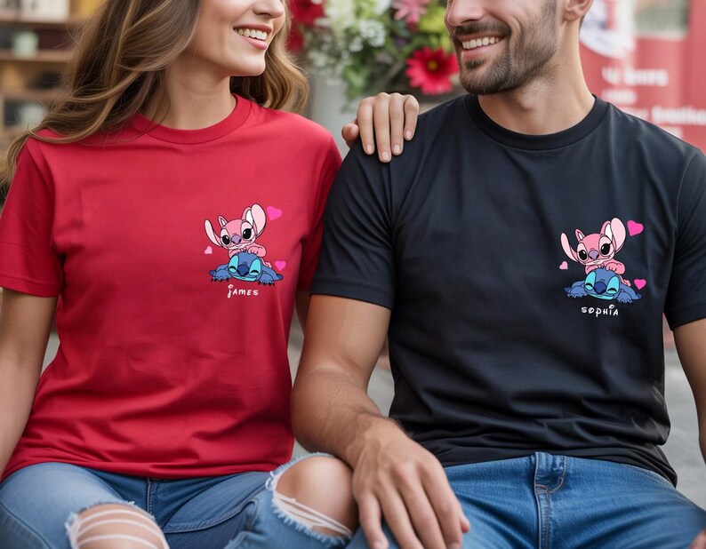 Custom Angel and Stitch Valentine Shirt, Custom Name Lovers Tshirt, Matching Couple Gift, Boyfriend Girlfriend Personalized Shirt