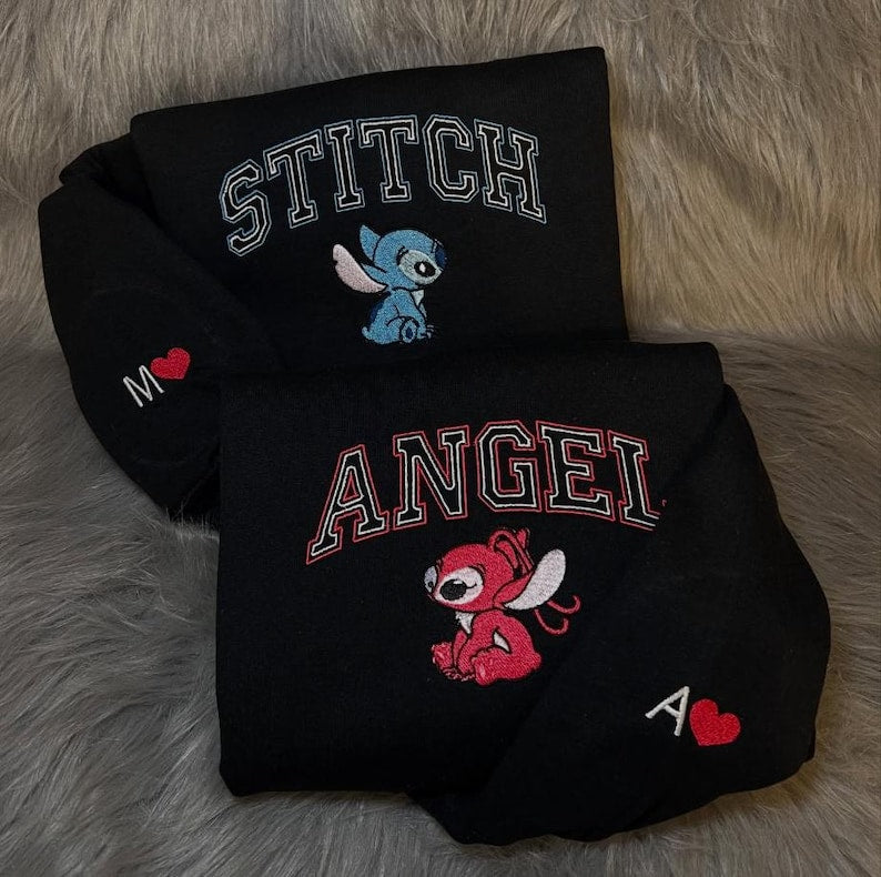 Embroidered Stitch And Angel Couple Sweatshirt, Disney Couple Shirt, Matching Movie Cartoon Embroidered Crewneck, Valentine's Day Hoodie