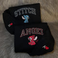 Embroidered Stitch And Angel Couple Sweatshirt, Disney Couple Shirt, Matching Movie Cartoon Embroidered Crewneck, Valentine's Day Hoodie