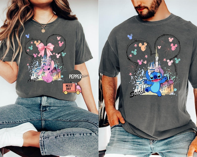 Comfort Colors® Mickey Ear Stitch and Minnie Bow Angel Couple Shirt, Disney Stitch Ear Boy Shirt, Minnie Bow Angel Girl Tee, Disney Trip Tee