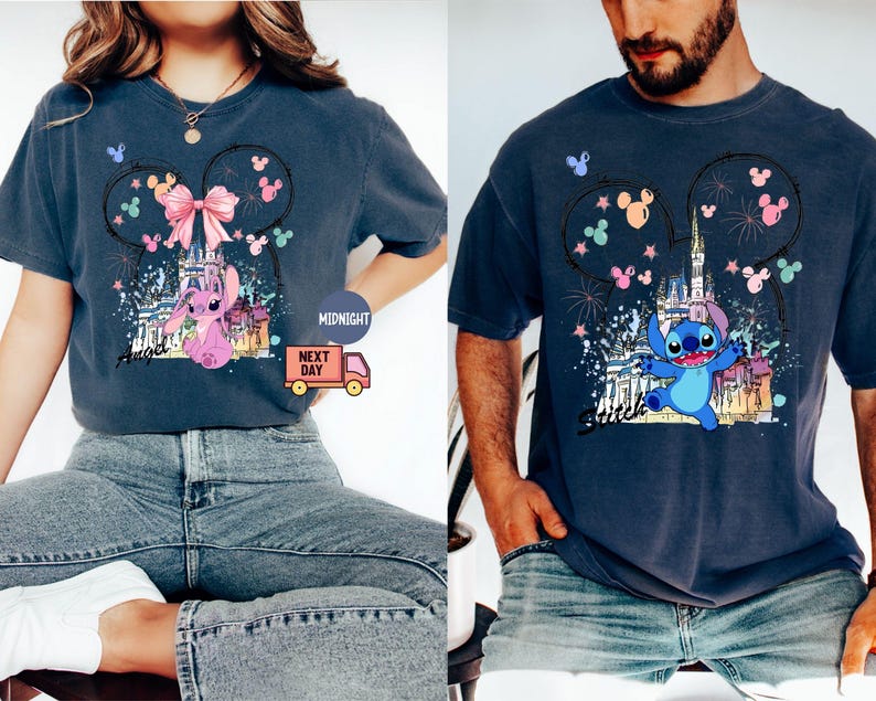Comfort Colors® Mickey Ear Stitch and Minnie Bow Angel Couple Shirt, Disney Stitch Ear Boy Shirt, Minnie Bow Angel Girl Tee, Disney Trip Tee