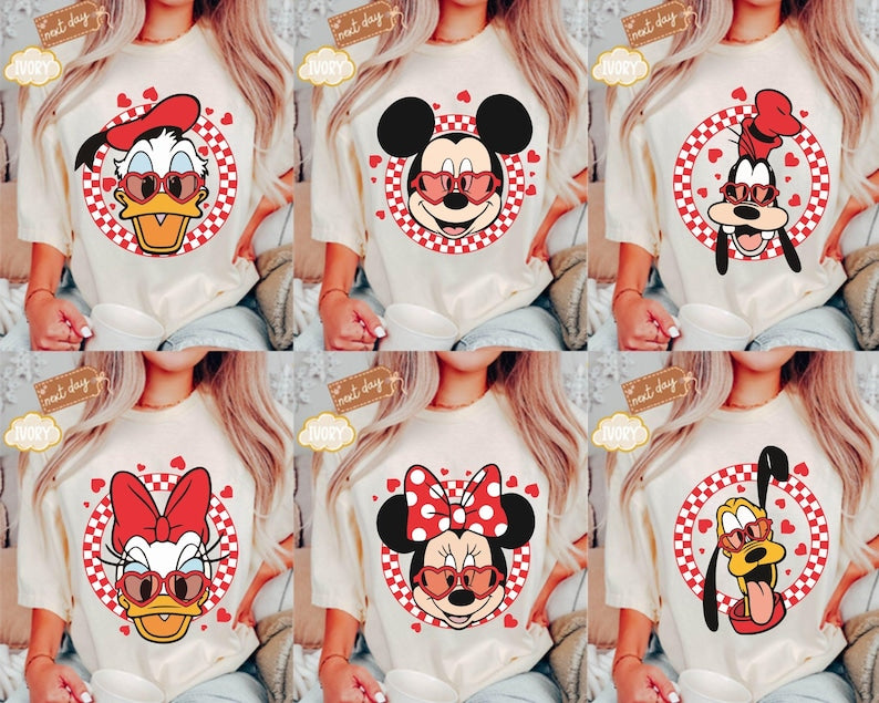 Comfort Colors® Disney Valentine’s Day Mickey and Friends Shirts, Mickey Minnie Donald Daisy Goofy Pluto Love Tee, Cute Heart Sunglasses Tee