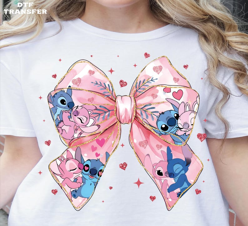 Stitch & Angel Valentine's Bow, Coquette DTF Transfer, Glitter Effect Ready To Press