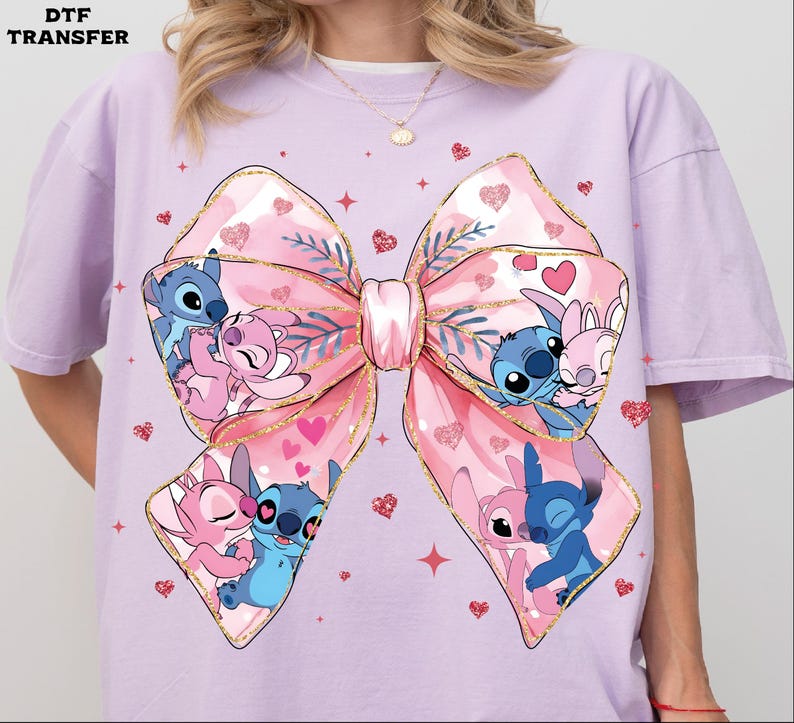 Stitch & Angel Valentine's Bow, Coquette DTF Transfer, Glitter Effect Ready To Press
