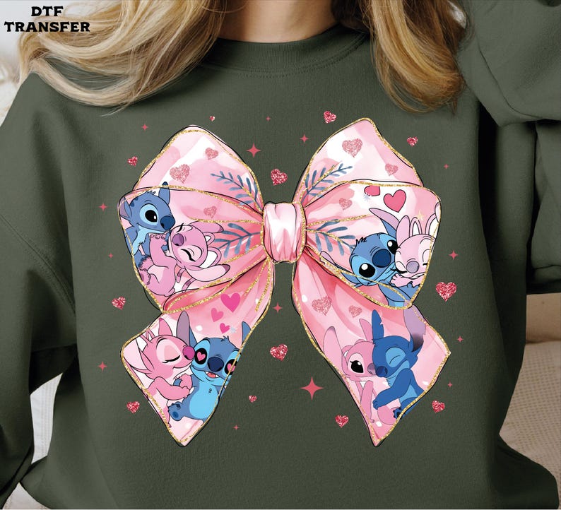 Stitch & Angel Valentine's Bow, Coquette DTF Transfer, Glitter Effect Ready To Press
