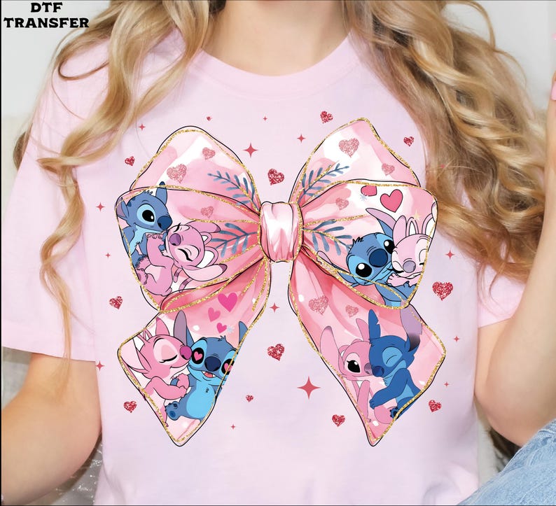 Stitch & Angel Valentine's Bow, Coquette DTF Transfer, Glitter Effect Ready To Press