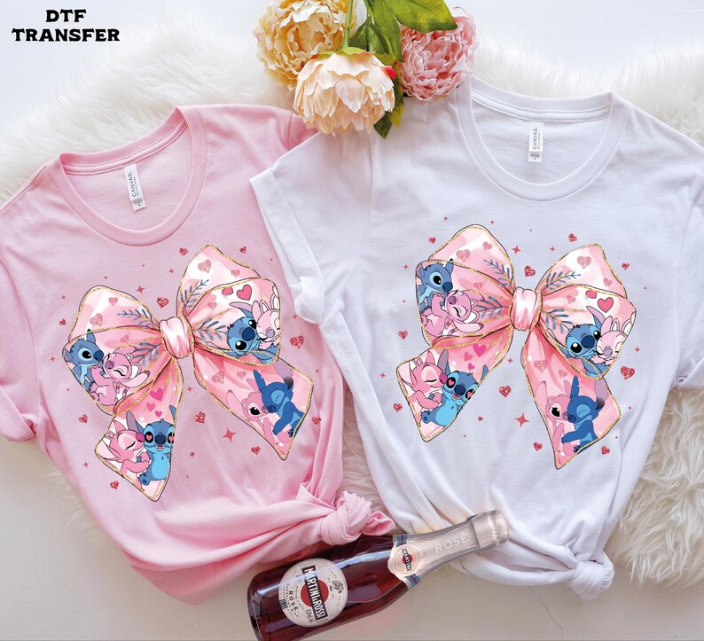 Stitch & Angel Valentine's Bow, Coquette DTF Transfer, Glitter Effect Ready To Press