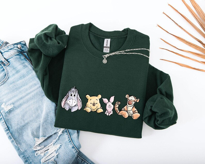 Winnie The Pooh Friends Shirt, Eeyore Pooh Piglet Tigger Cute Tee, Disney Character Sketch Style Shirt, Soft Pastel Cartoon Tee