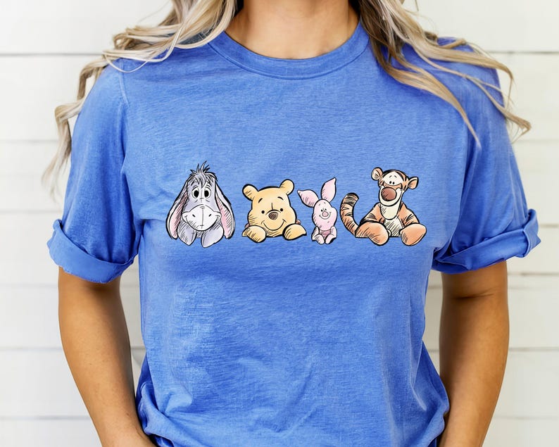 Winnie The Pooh Friends Shirt, Eeyore Pooh Piglet Tigger Cute Tee, Disney Character Sketch Style Shirt, Soft Pastel Cartoon Tee